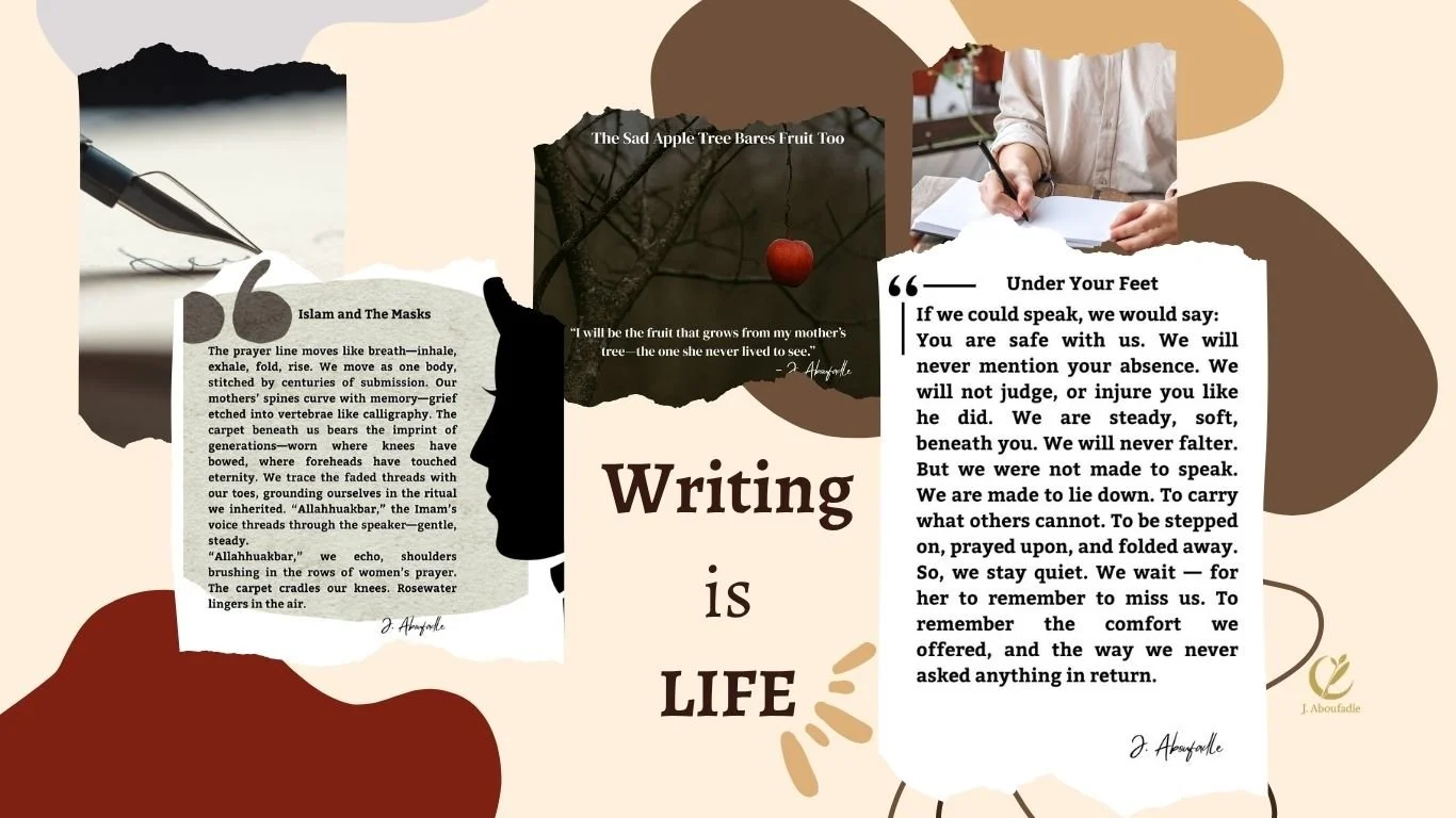 Collage of four different text sections with abstract shapes and images, including a pen, a fallen apple on a tree branch, a person writing, and a logo of J. Abouadale. The main poem titled 'Writing is Life' is in the center.