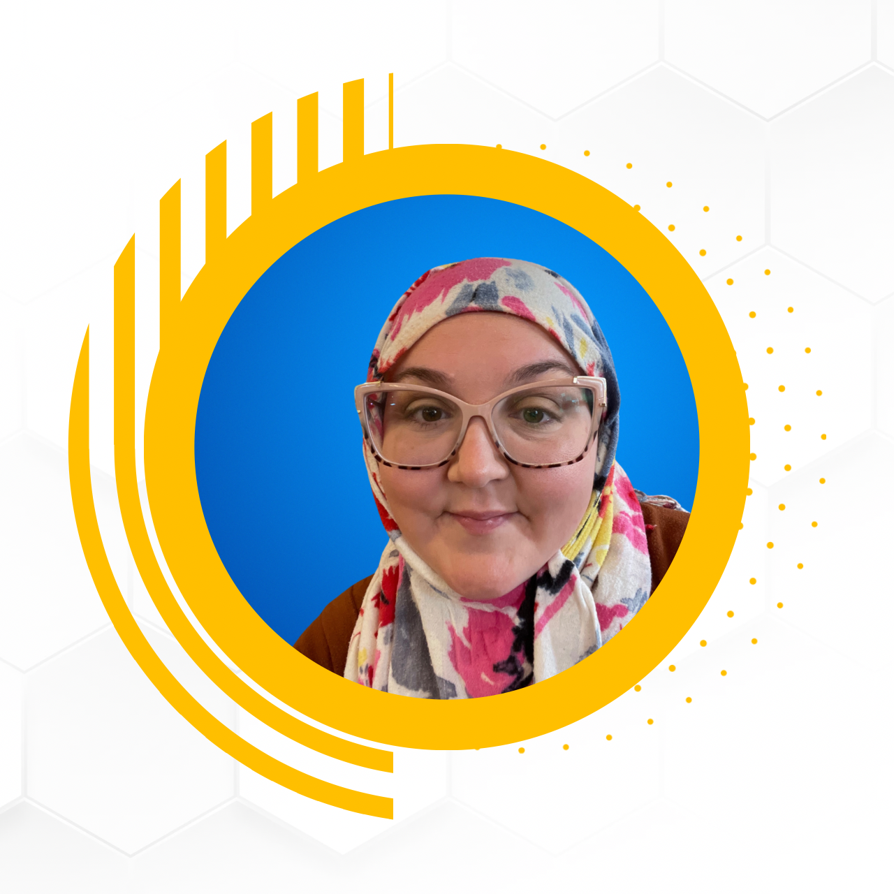 A Muslim woman, Jennifer Aboufadle, with glasses and a colorful hijab against a blue background surrounded by a graphic yellow circular design.