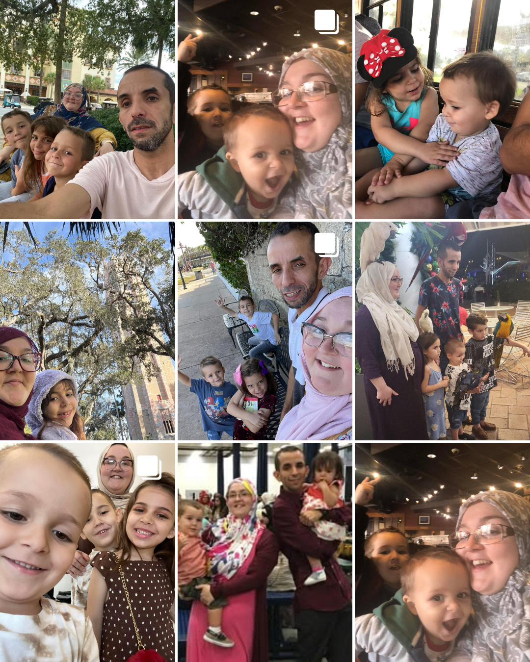 Collage of nine photos featuring families and children at various outdoor and indoor locations, some with trees, playgrounds, and holiday decorations.