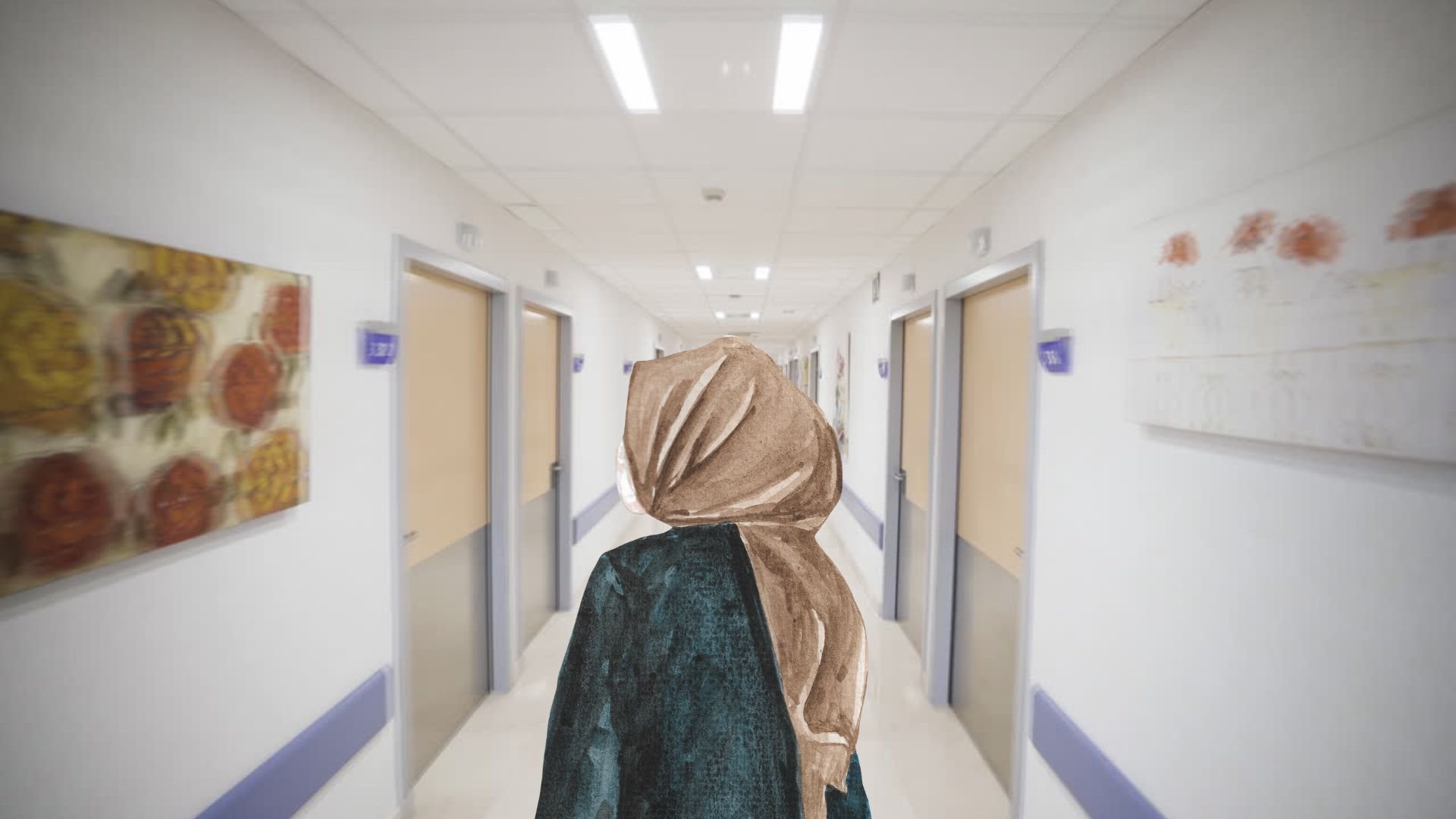 muslim woman in hijab in a blurred hospital hall.
