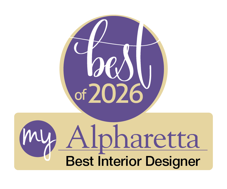 A badge with a purple circle and a beige rectangle. Inside the circle, it says "best of 2026" in white and beige cursive and block letters. The rectangle contains the words "my Alpharetta" with "my" in a purple circle and a white script font and "Alpharetta" in purple serif font. Below, it says "Best Interior Designer" in black text.