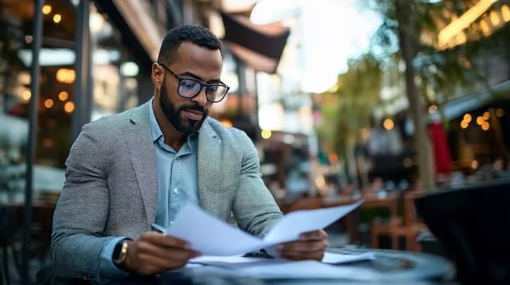 Stylish muscular businessman sitting outside reviewing documents.