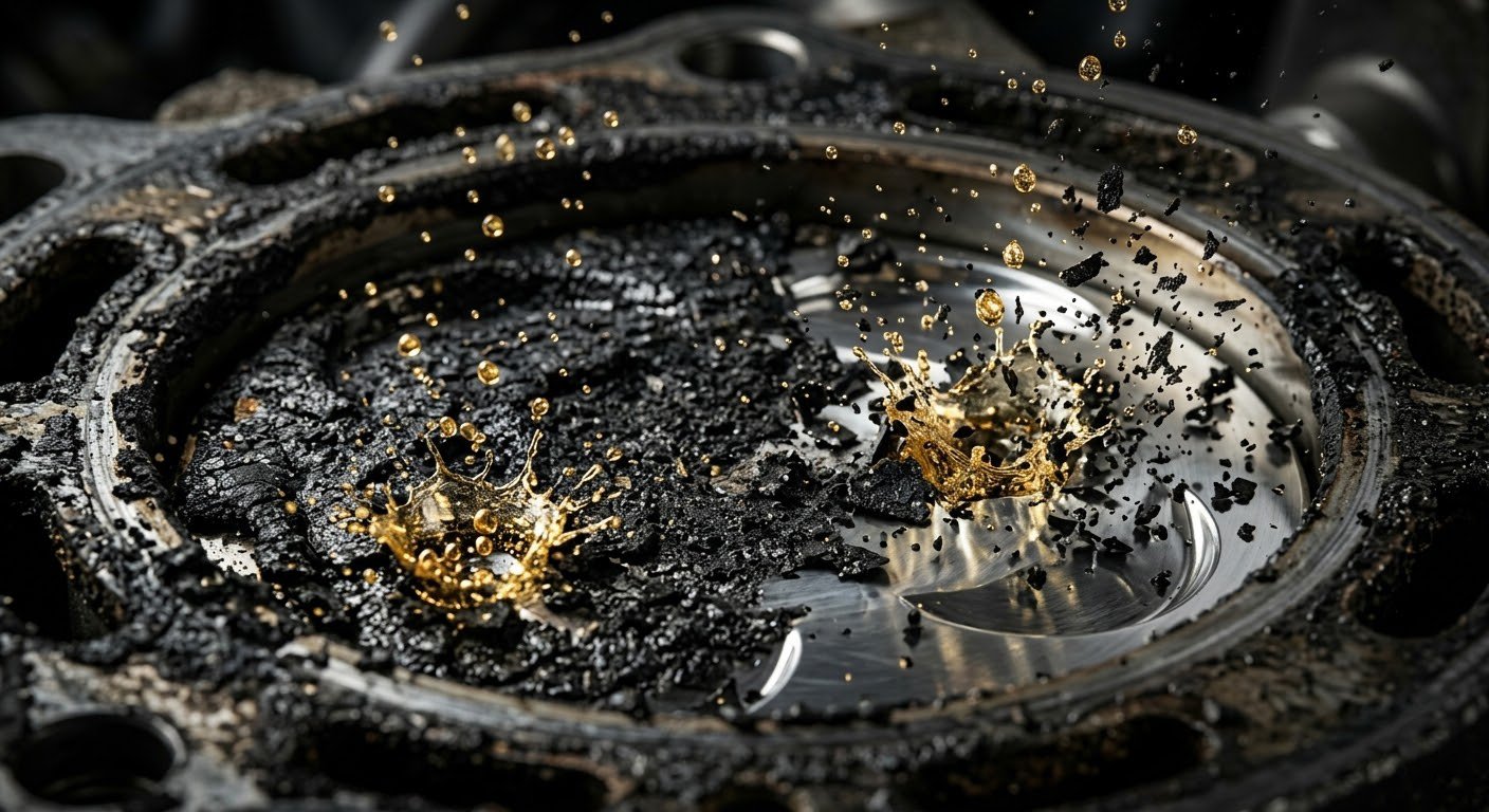 A burnt engine component with oil and melted debris, with oil splashes and reflective surface.