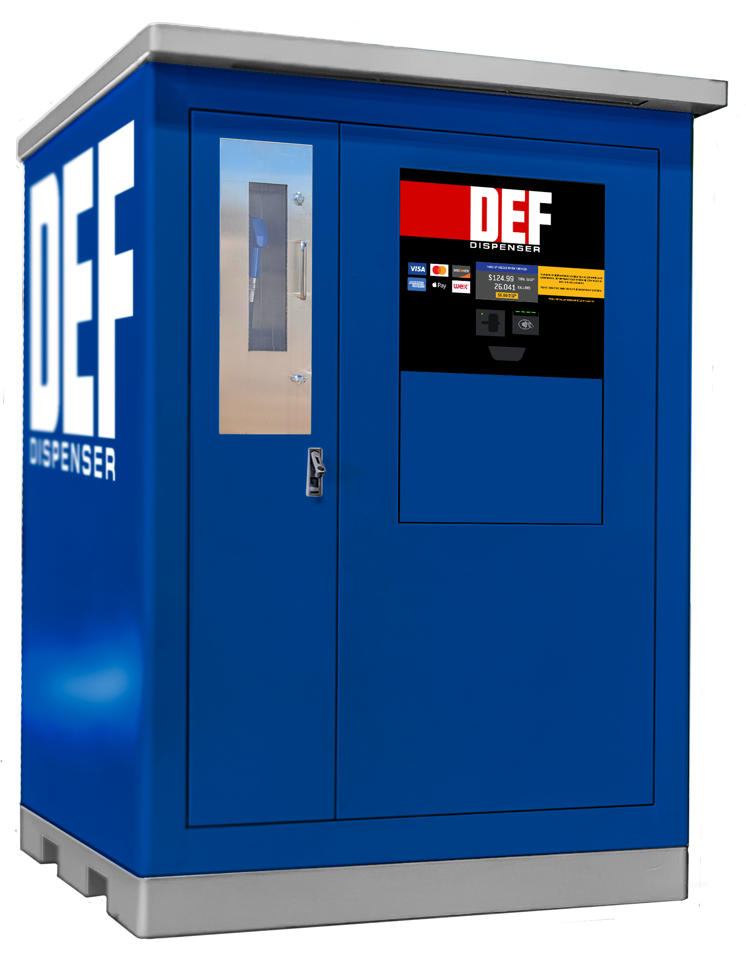 A blue dispenser vending machine with a payment screen, card reader, and a small window on the left door showing a blue item inside.