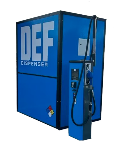 A blue DEF dispenser for refueling vehicles or equipment with hoses and a payment terminal on the front.