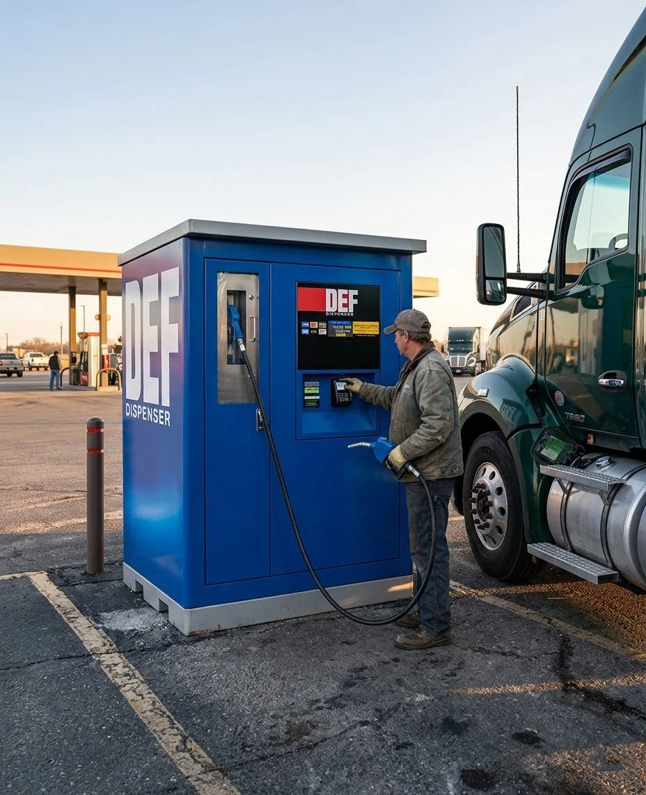 A person fueling a semi-truck at a diesel fuel dispensing station, using a blue diesel dispenser and payment terminal, during daylight hours.