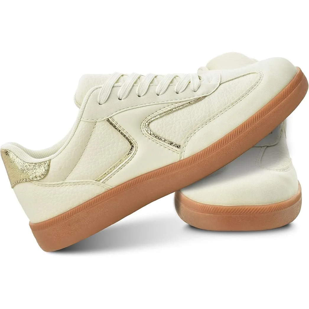 Cream-colored sneakers with white laces and a gum sole.