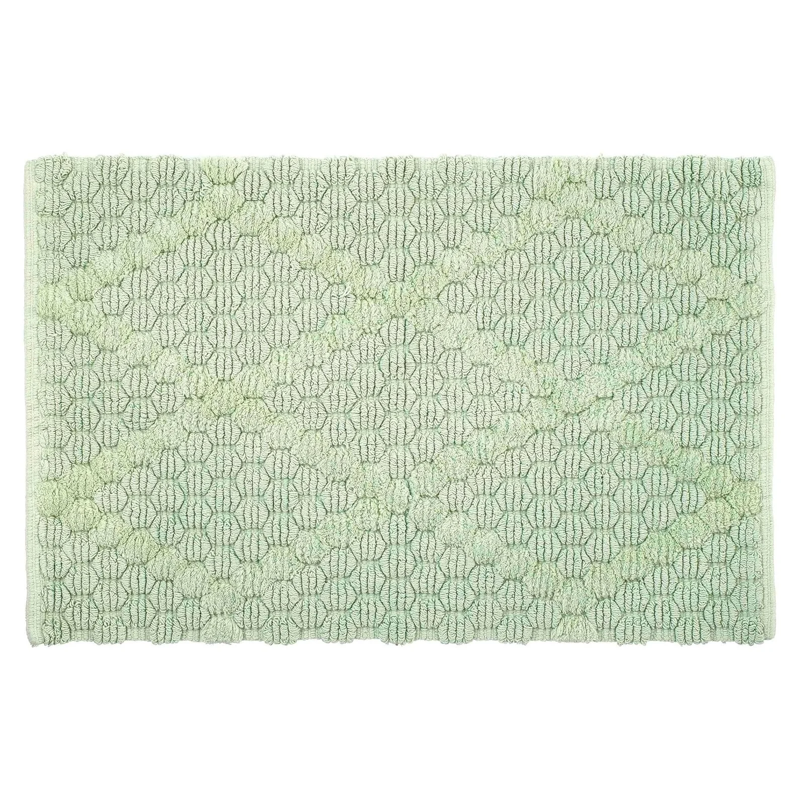 Light green textured bath mat with a pattern of circular shapes and black lines.