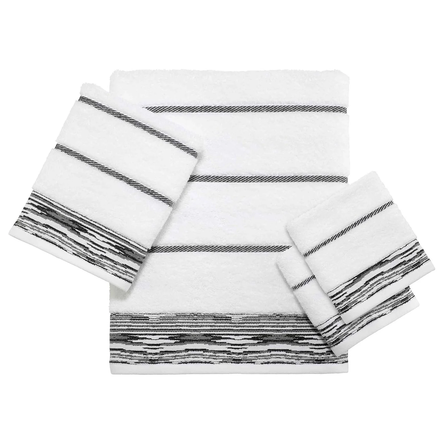 Stack of white towels with black striped borders, arranged in three different sizes.