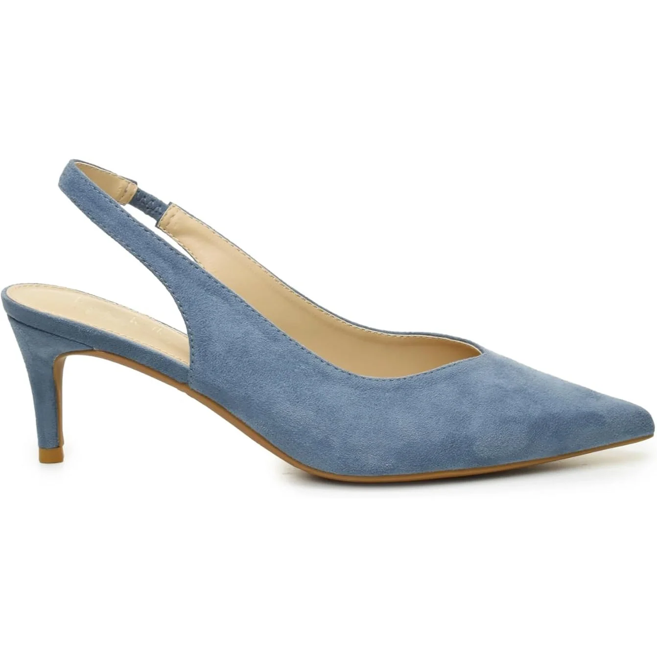 Blue suede pointed-toe slingback kitten heel shoe with a thin strap.
