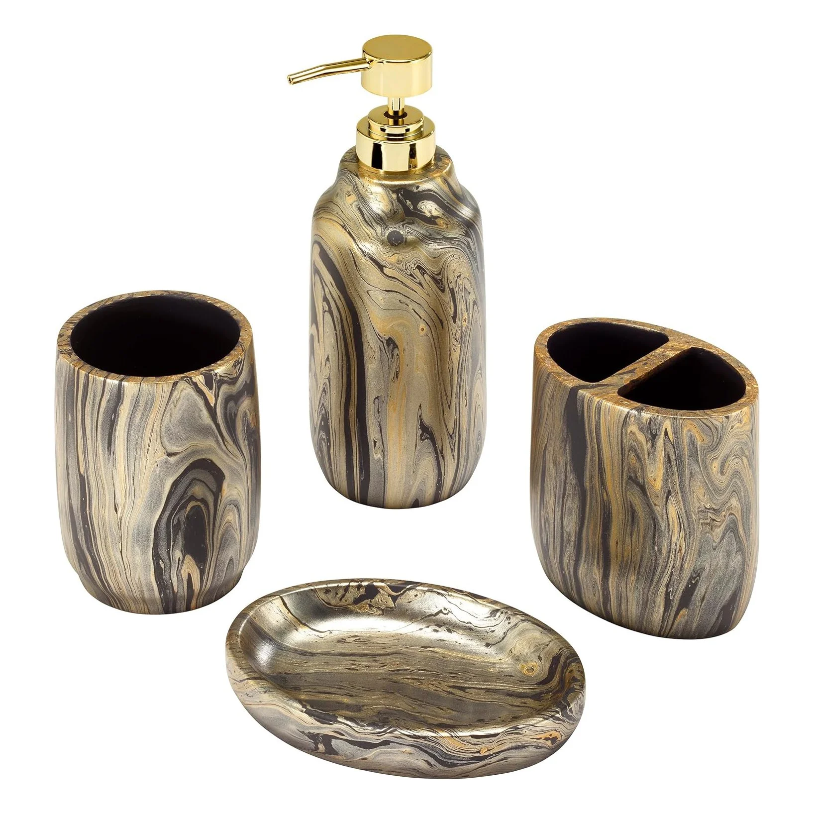 A marble-patterned bathroom accessory set including a soap dispenser, two toothbrush holders, and a soap dish.