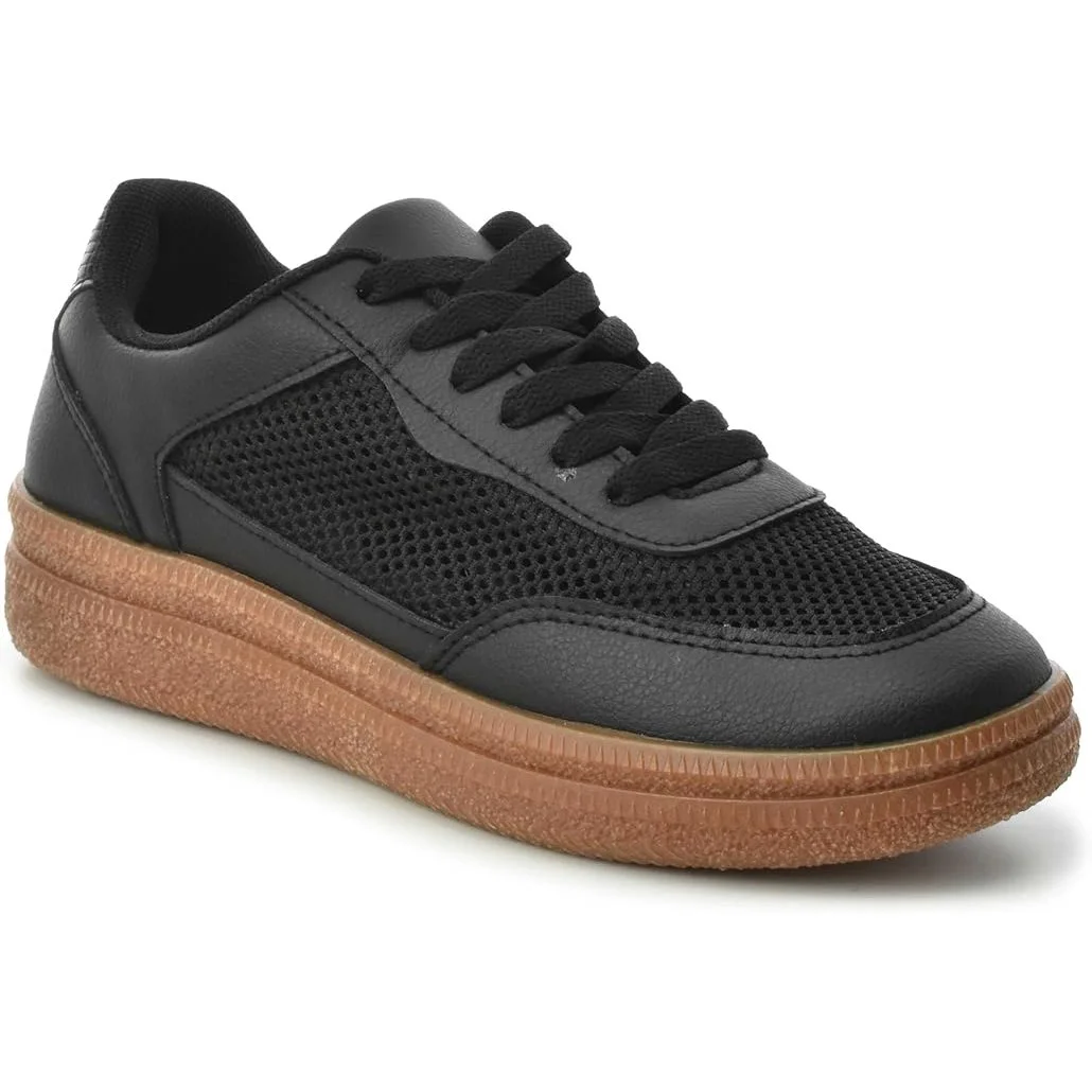 Black sneakers with mesh and leather upper, brown sole, and black laces.