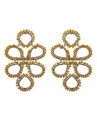 Gold and rhinestone chandelier earrings with multiple loops and teardrop shapes.