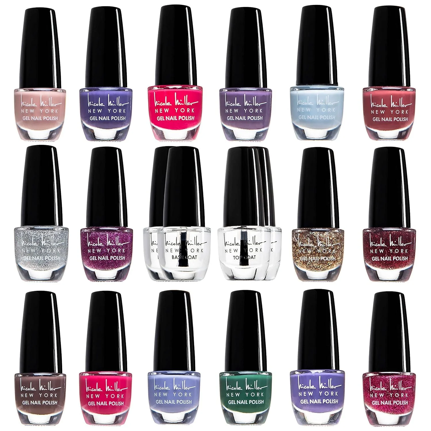 Collection of 16 Nicole Miller nail polish bottles in various colors and finishes, arranged in a 4x4 grid with black caps and white background.