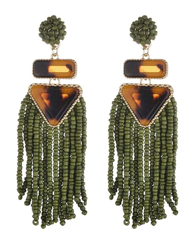 A pair of chandelier-style earrings with green beads, tortoiseshell-colored geometric accents, and tassels of small green beads.