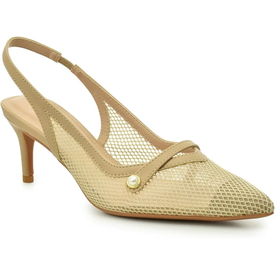 A beige high-heeled shoe with a pointed toe, mesh upper, and ankle strap featuring a pearl detail.