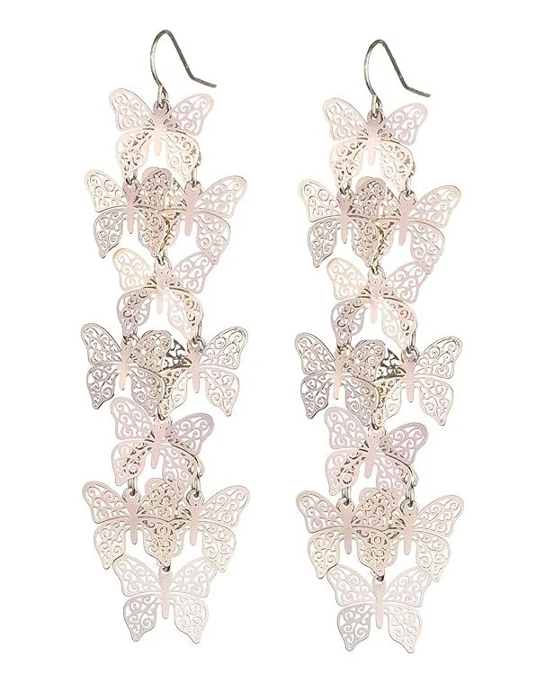Pair of dangling earrings with multiple layered butterfly-shaped cutouts in a light color.