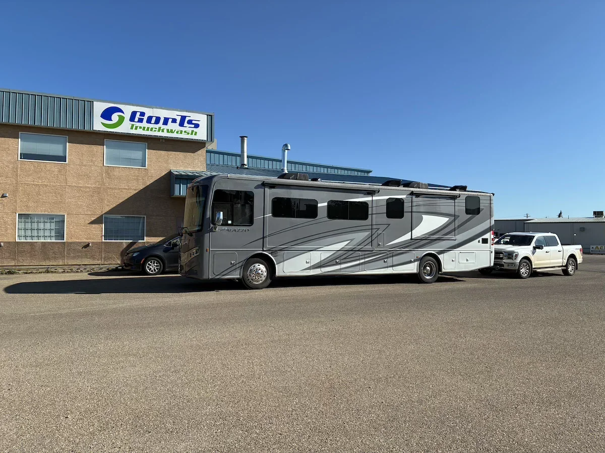 RV motorhome at the fresh water filling station in Red Deer.