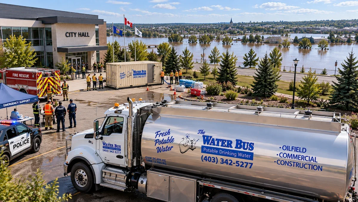 The Water Bus providing emergency potable water support during flooding in Central Alberta.
