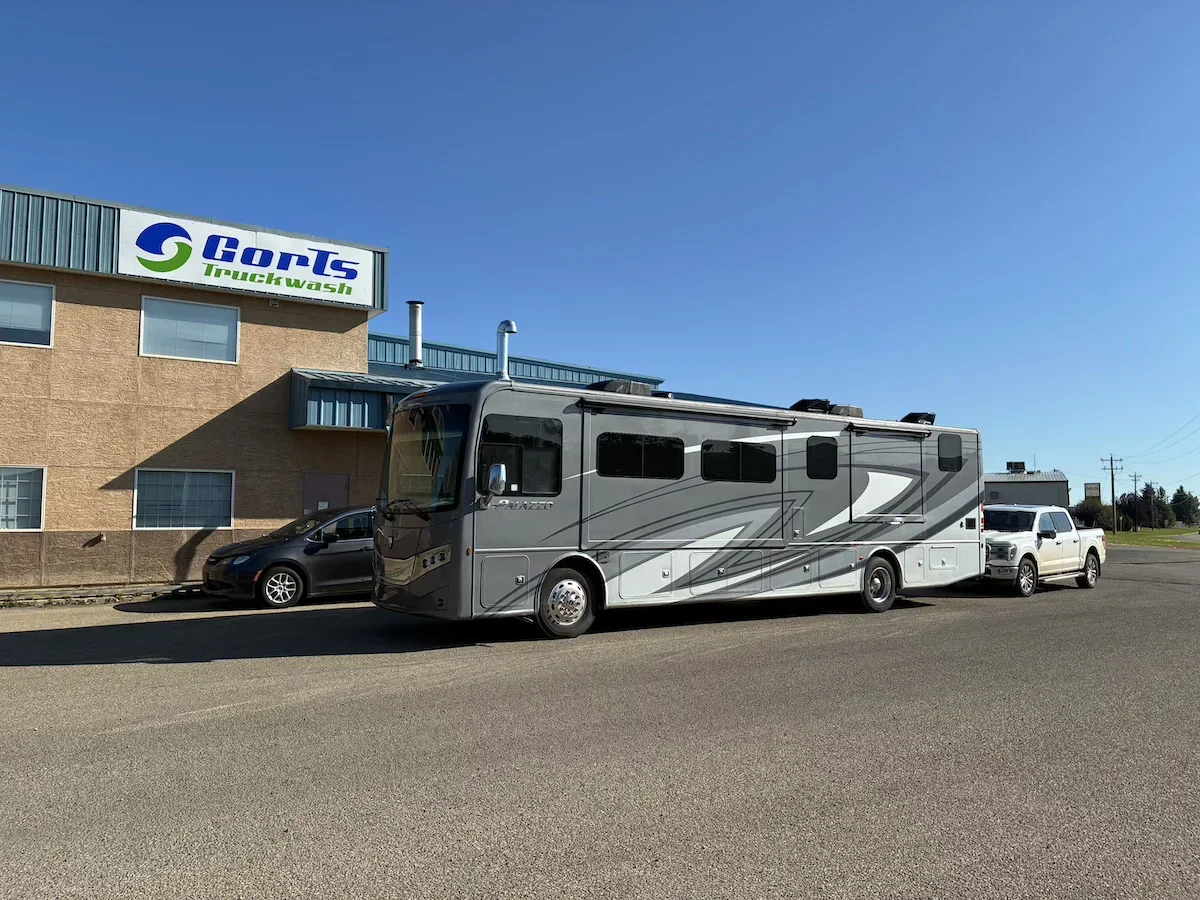 RV motorhome at the fresh water filling station in Red Deer.