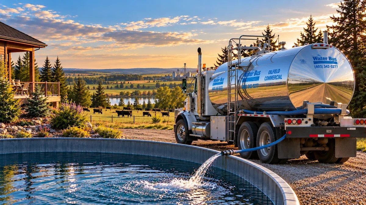 The Water Bus potable water delivery truck filling a water tank at a rural Central Alberta acreage, with Black Angus cattle grazing in the background.
