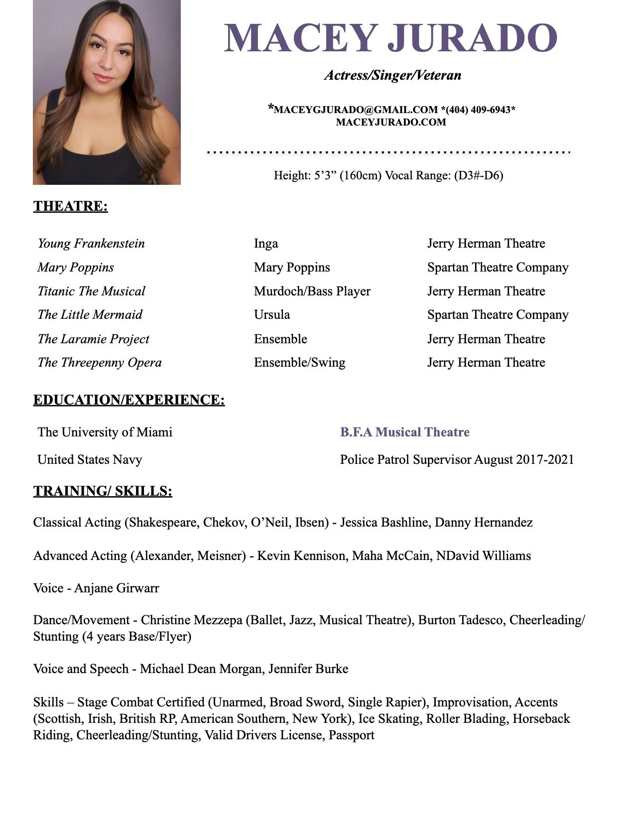 Resume page for Macey Jurado featuring a headshot photo of her on the left, personal information, and sections detailing her theater experience, education, and skills.