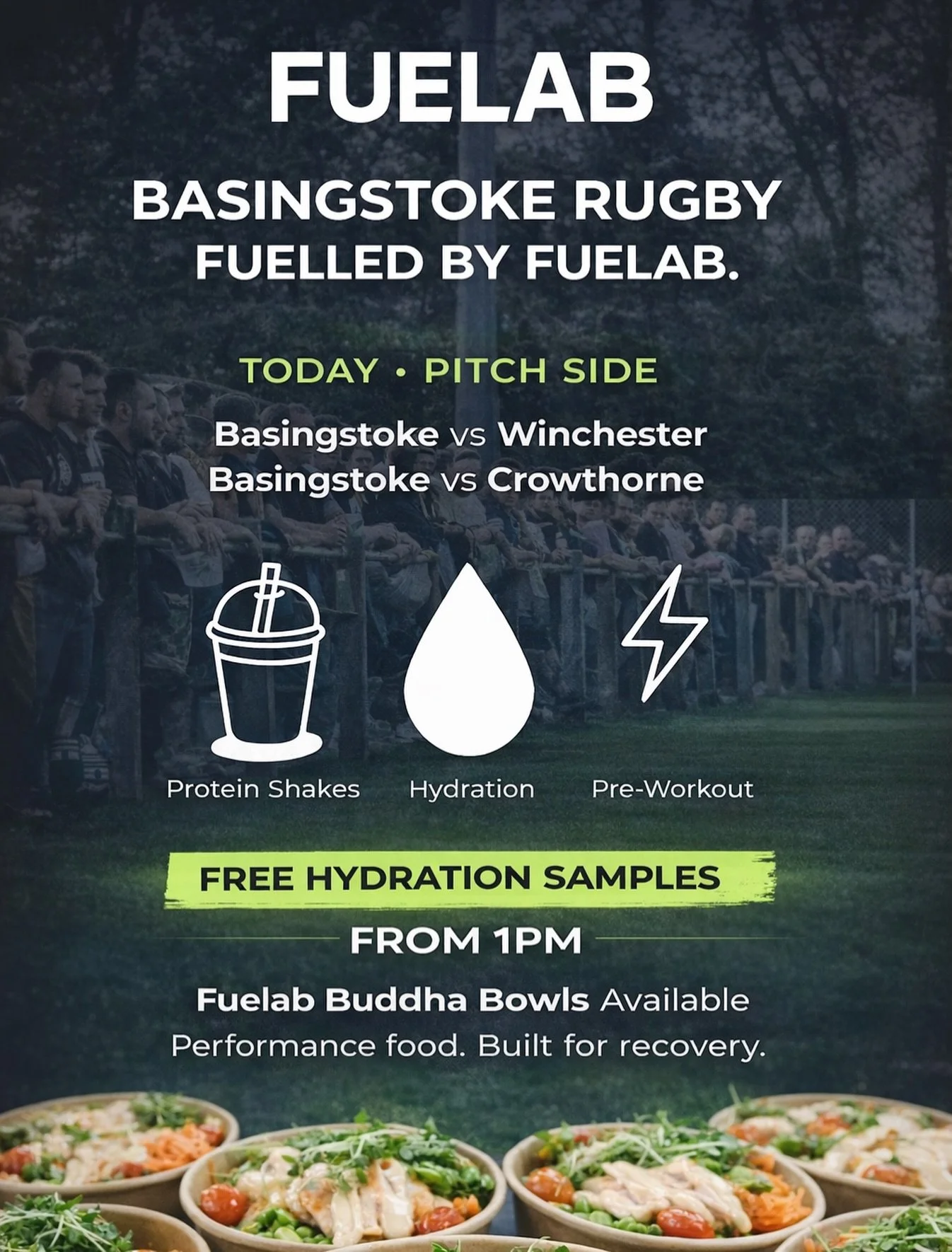 BASINGSTOKE RUGBY. FUELLED BY FUELAB.

We&rsquo;re pitch-side today.

🏉 Basingstoke vs Winchester
🏉 Basingstoke vs Crowthorne

Free hydration samples from 1PM.

Built for performance. Designed for recovery.

Available all day:
&bull; Freshly made p