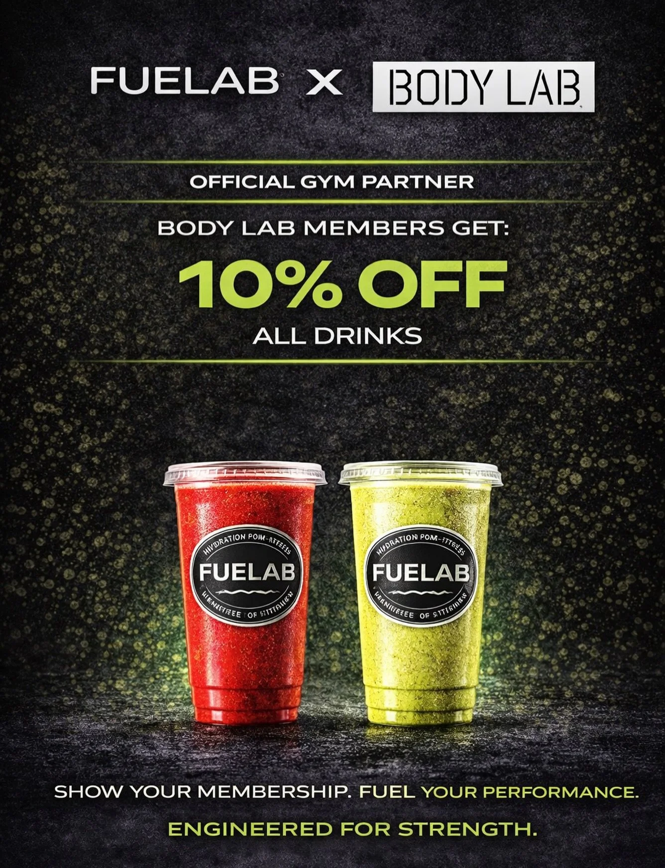 Fuelab &times; @bodylabgym__ 

Built for performance.

We&rsquo;re now the official partner, strong collaboration with a lovely team!

Bodylab members get 10% off all drinks.

Show your membership.
Fuel your performance.

Hydration. Protein. Performa