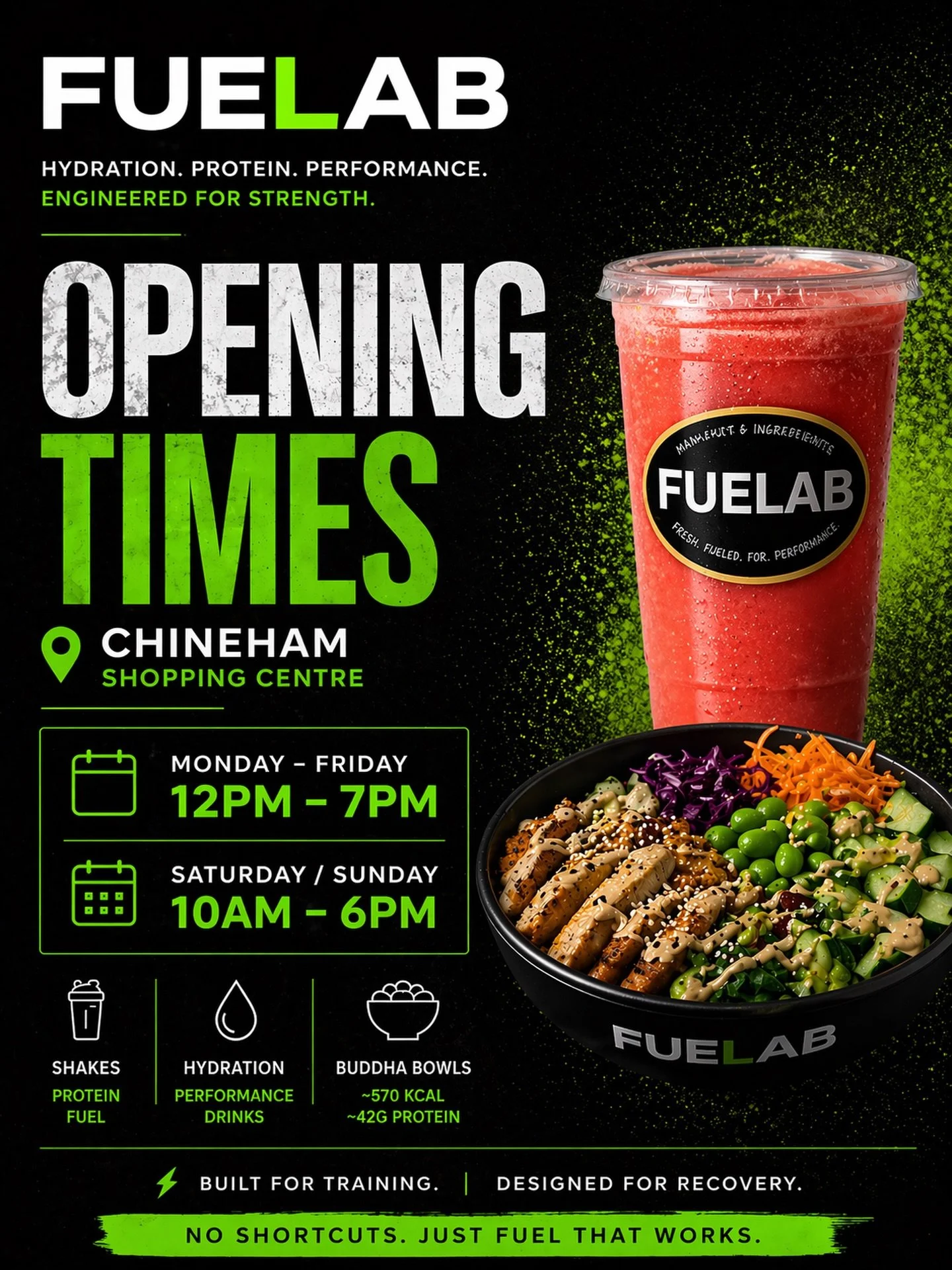 After two months of trading, we&rsquo;ve tightened things up.

New opening times at
📍 Chineham Shopping Centre, next to the library 

Monday &ndash; Friday
12PM &ndash; 7PM

Saturday / Sunday
10AM &ndash; 6PM

Built for training.
Designed for recove