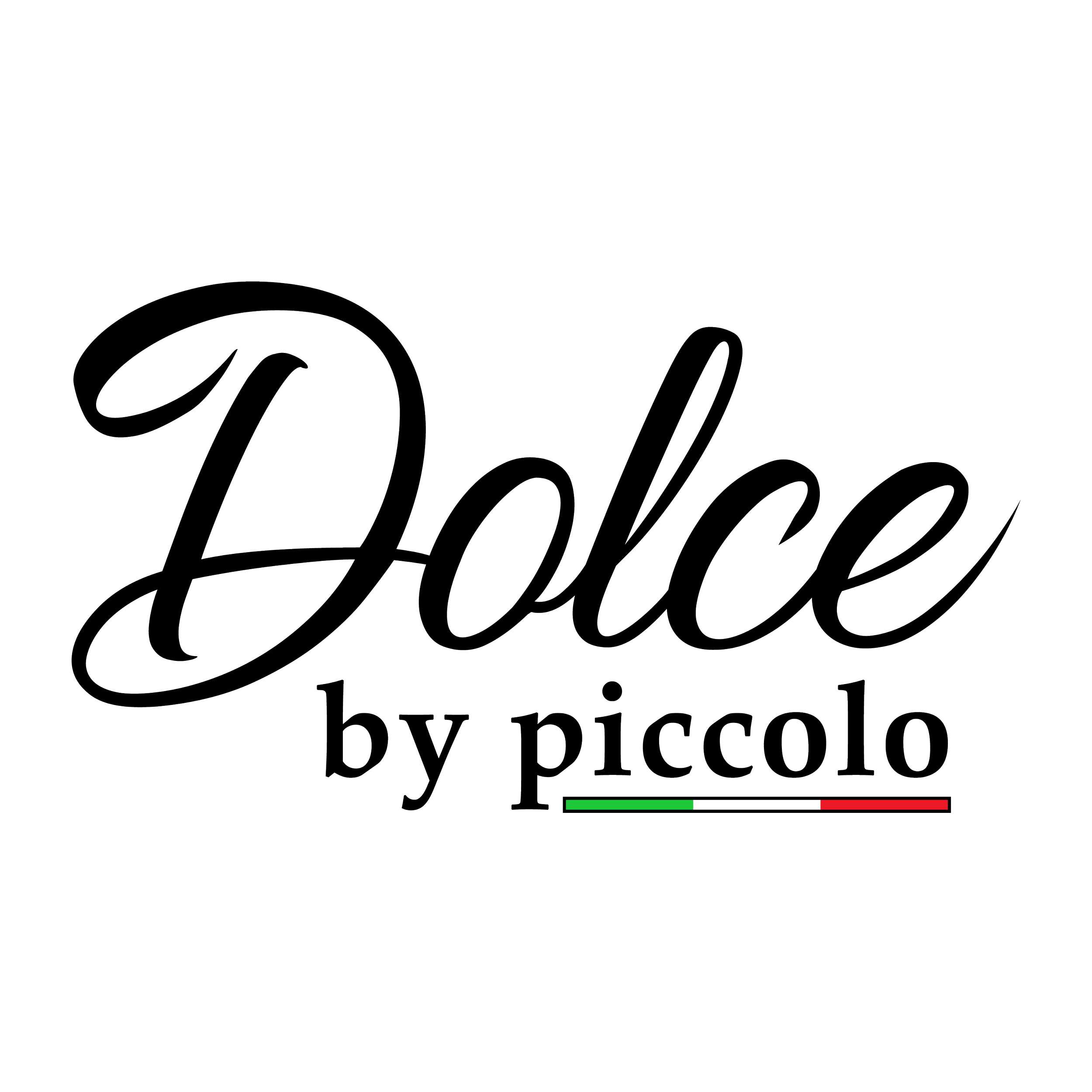 Logo for Dolce by Piccolo, featuring the word "Dolce" in cursive script and "by Piccolo" in smaller print below, with an Italian flag stripe underneath.