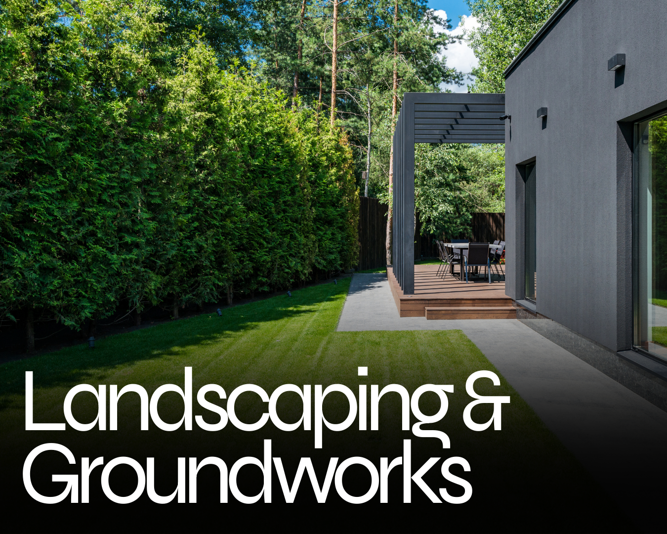 Modern house with a backyard patio area, surrounded by lush green trees and grass, featuring a custom landscaping and groundwork with a concrete path and wooden deck.
