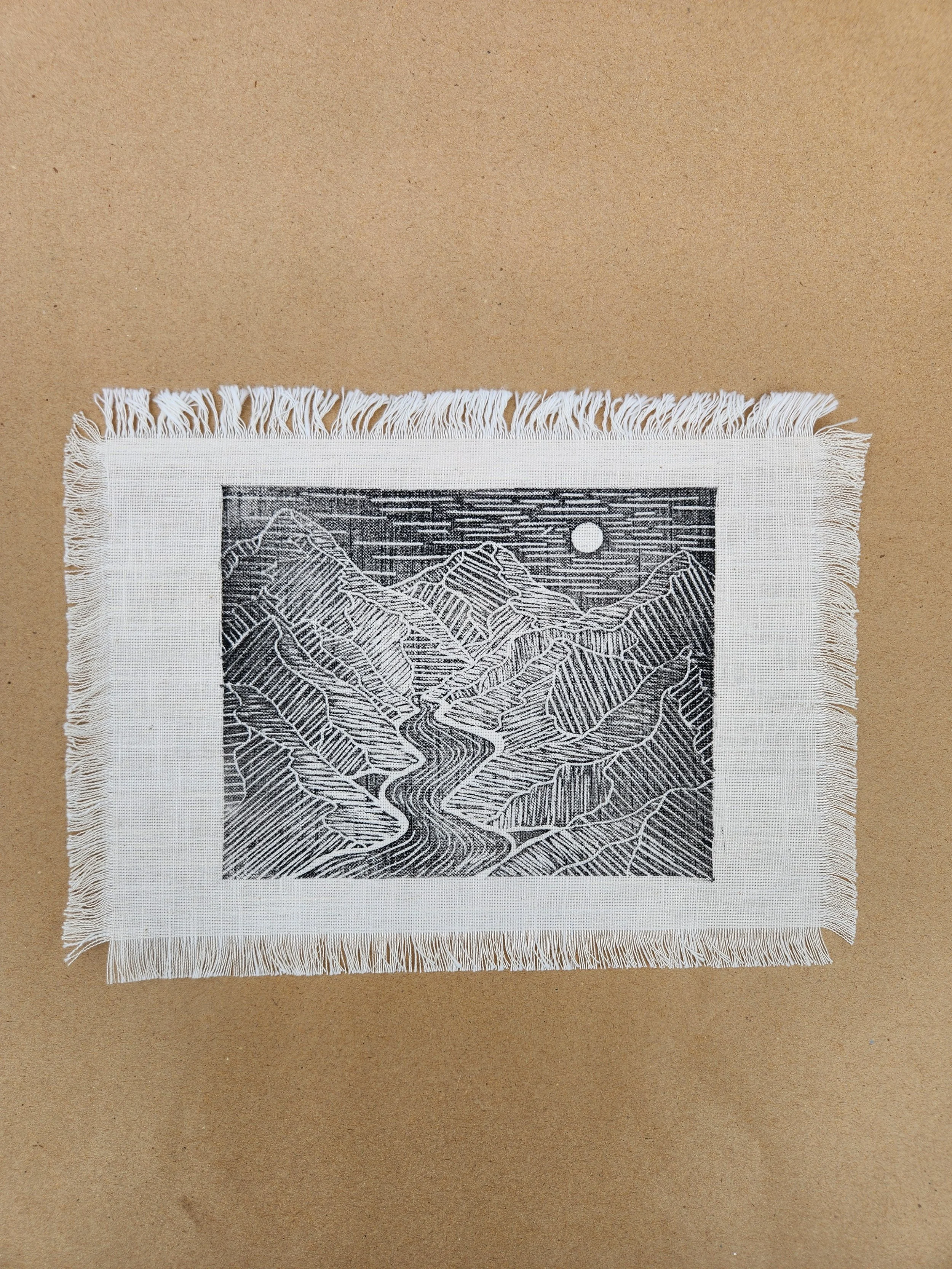 "Eternal Mountains" Linocut Frayed Fabric Art Print