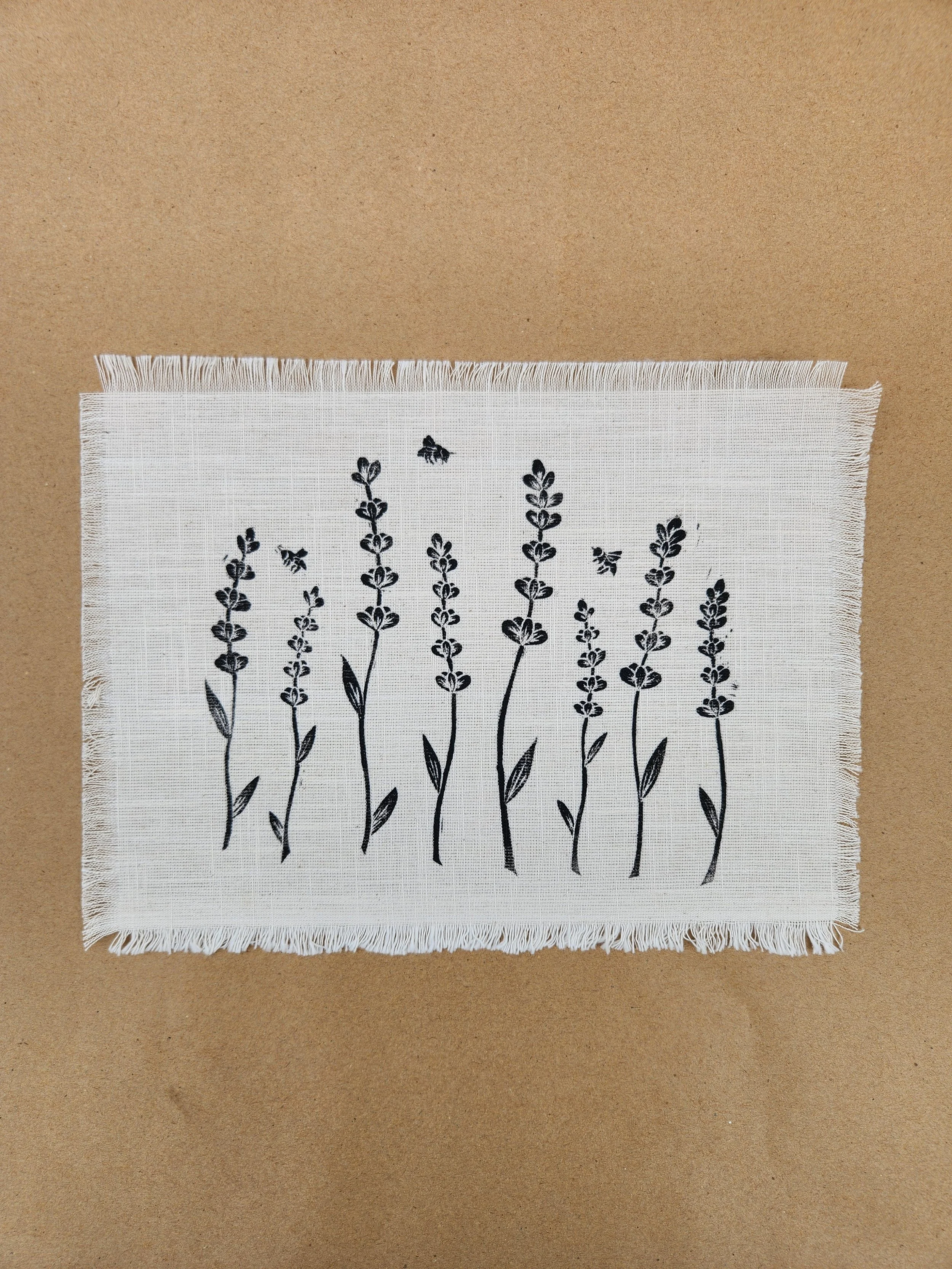 "Lavender Bee" Linocut Frayed Fabric Art Print