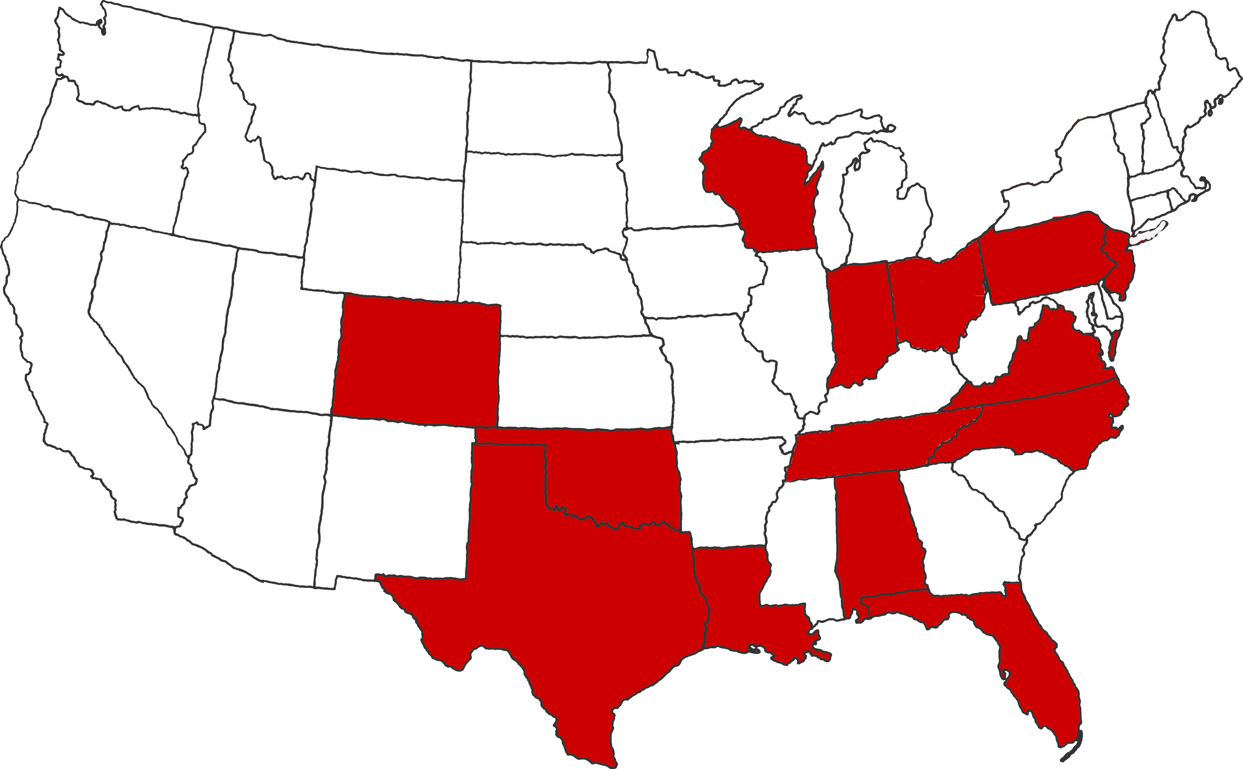 Map of the United States with certain states highlighted in red to show where Chaplains are located.