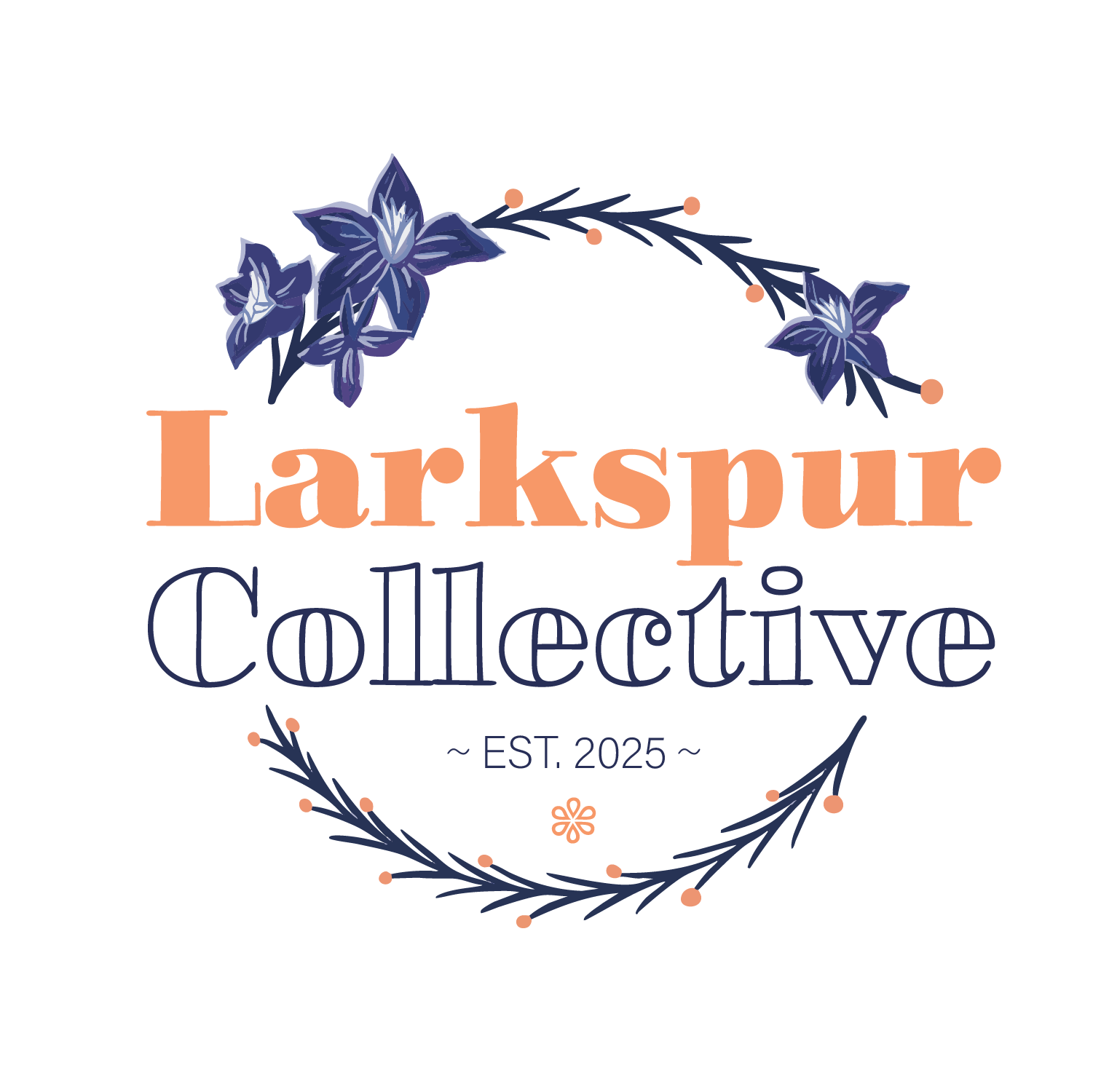 Larkspur Collective logo with blue flowers and text 'Larkspur Collective EST. 2025' in orange and navy colors.