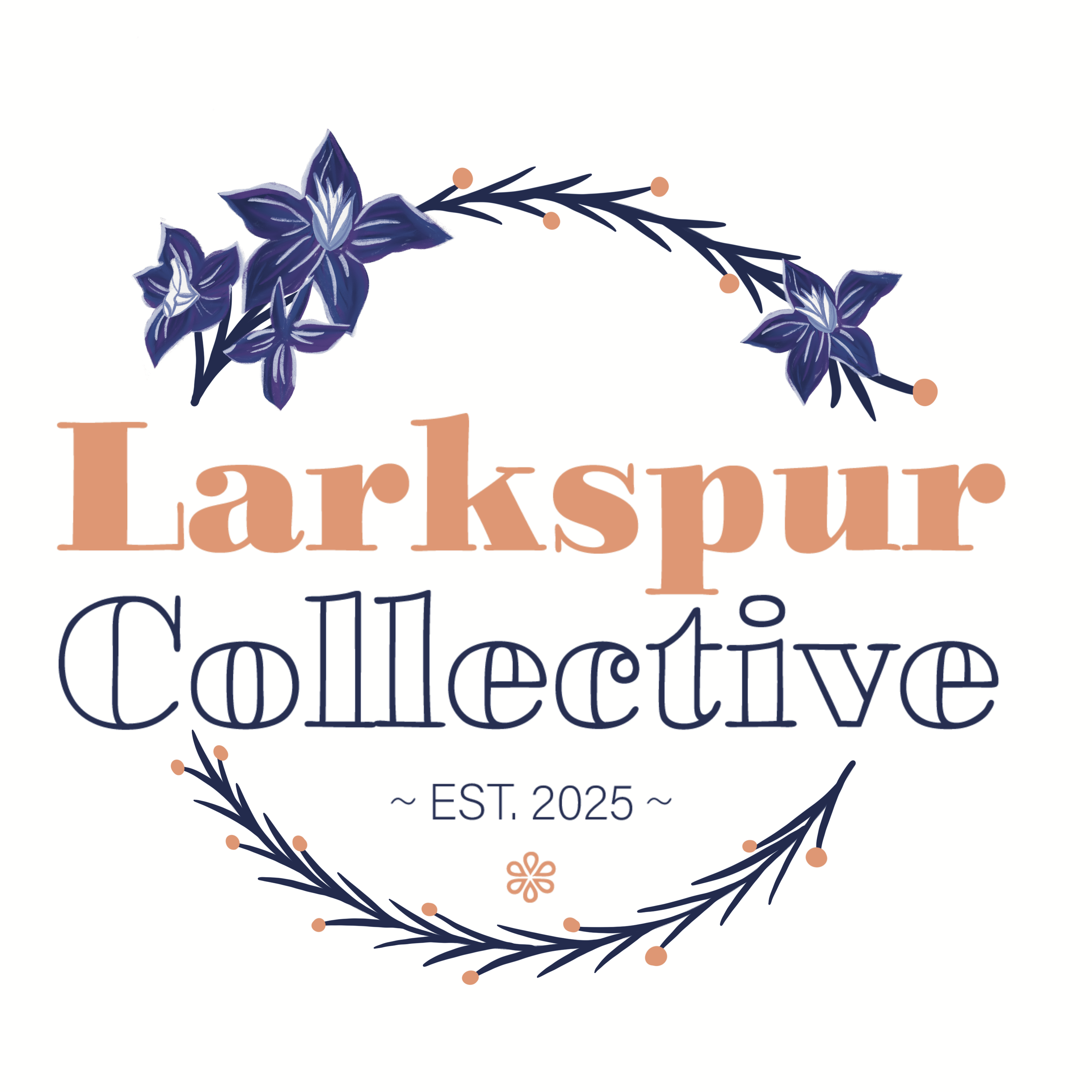 A logo for Larkspur Collective with navy and peach floral design, featuring purple flowers, the name in peach and navy text, and establishing the year 2025.