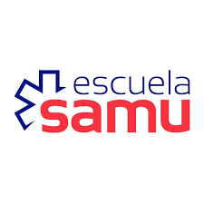 Logotipo de la escuela SAMU con un símbolo de cruz azul y texto en colores azul y rojo.