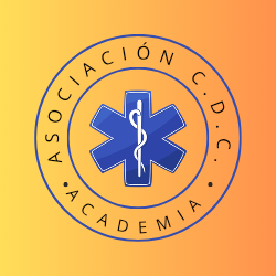 Logotipo de la asociación C.D.C. Academia, con un símbolo de cruz médica en el centro sobre fondo colorido