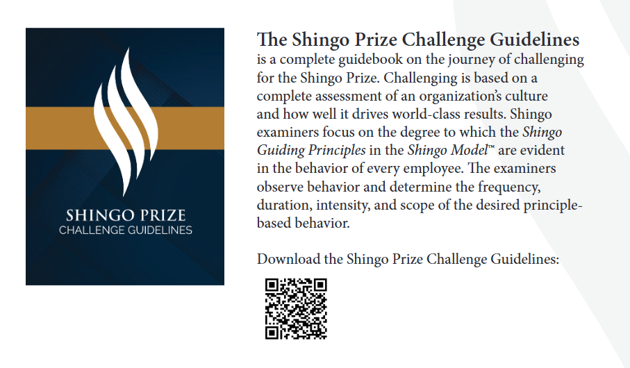 Image of Shingo Prize Challenge Guidelines with logo, text explaining the guidelines, and a QR code for downloading the document.