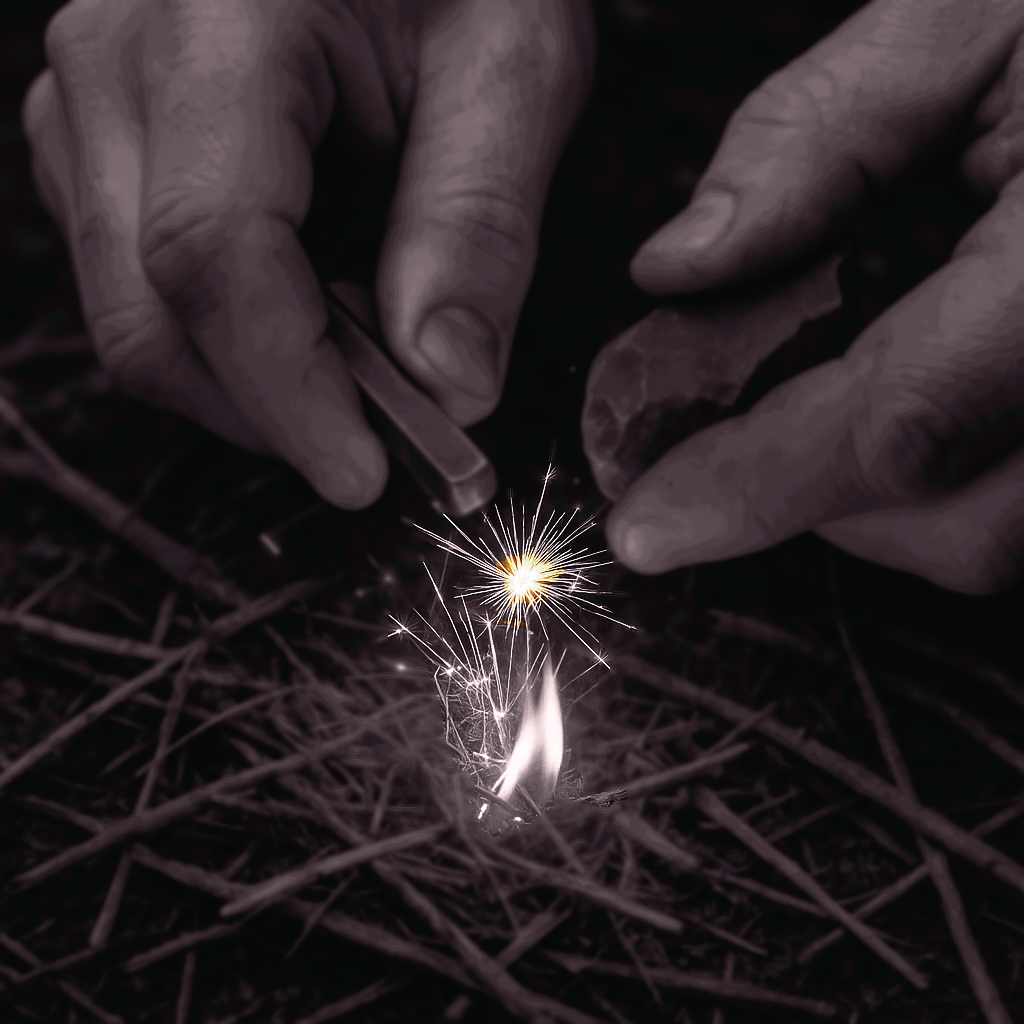 Hands lighting a sparkler on a bed of sticks or twigs.