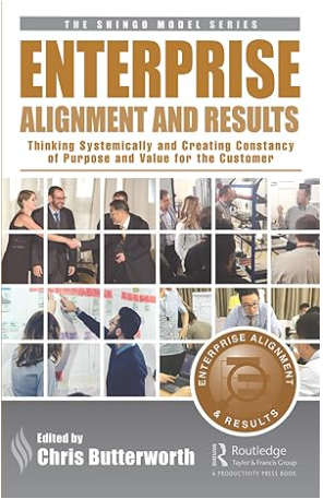 Book cover titled 'Enterprise Alignment and Results', part of The Shingo Model Series, edited by Chris Butterworth, featuring images of business teams in meetings and teamwork activities.