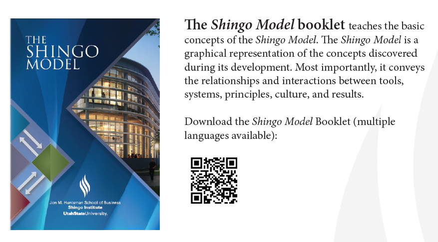 Cover of the Shingo Model booklet with a modern building, abstract graphics, and a QR code, by Jon M. Huntsman School of Business at Utah State University.
