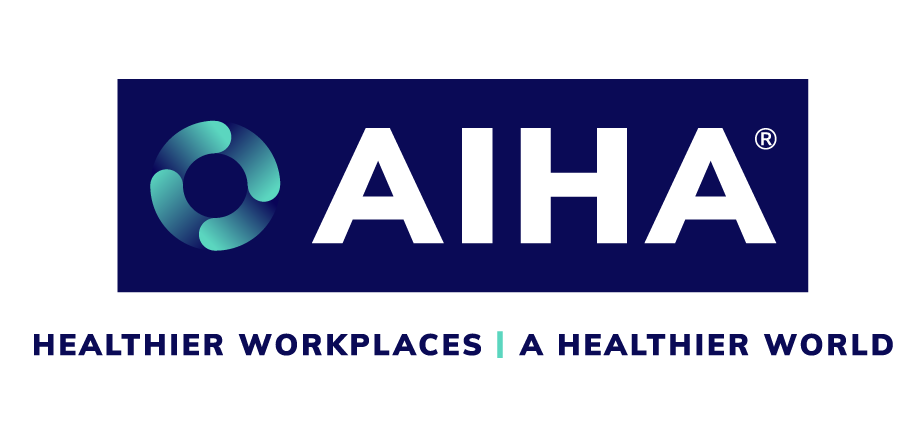 Logo for AIHA with a circular graphic in shades of blue and green, the text 'AIHA' in bold white, and the slogan 'Healthier Workplaces | A Healthier World' in dark blue underneath.