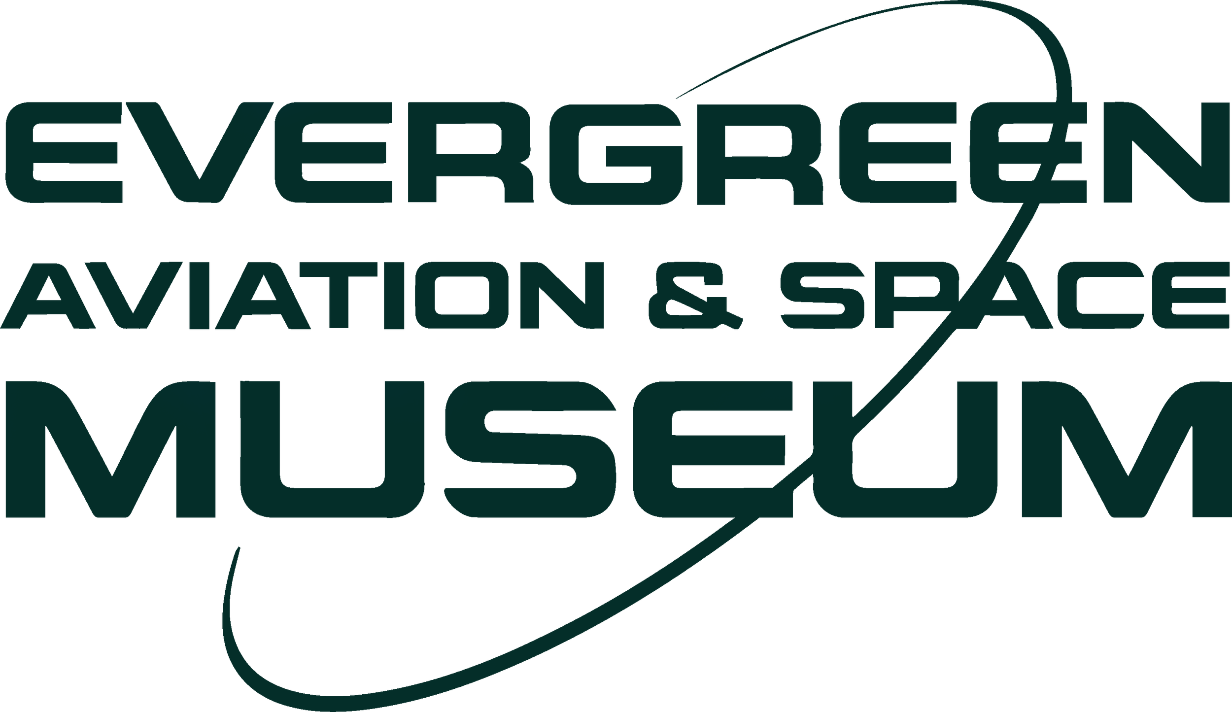 Logo of the Evergreen Aviation and Space Museum with the museum's name in stylized font and a curved line orbiting around the text.