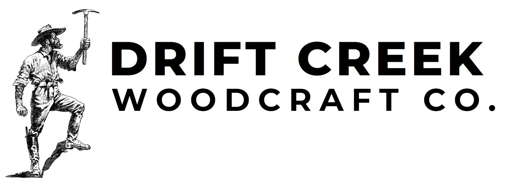 Logo for Drift Creek Woodcraft Co. featuring a black and white illustration of a man holding an axe.