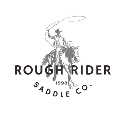 A logo featuring a cowboy riding a horse and holding a lasso, with the text 'Rough Rider' and 'Saddle Co.' along with '1898'.