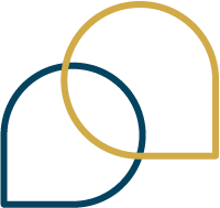 Two interlocking speech bubbles, one gold and one dark blue.