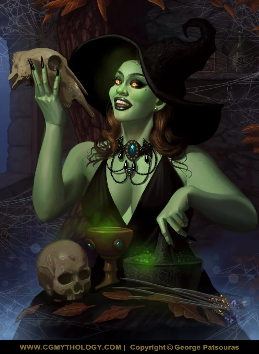 A cartoon witch with green skin, long red hair, and glowing yellow eyes is casting a spell, holding a skull in one hand and stirring a cauldron with green potion in the other, surrounded by Halloween-themed decorations like skulls, goblets, and cobwebs.