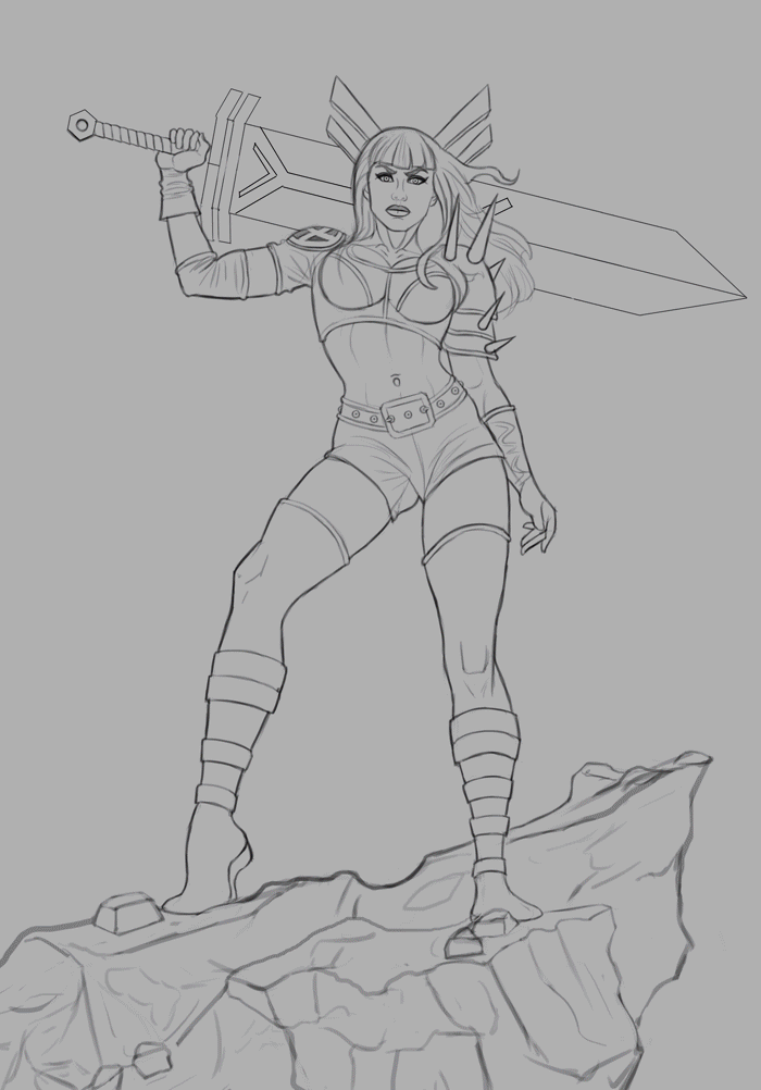 Line drawing of a woman warrior standing on a rocky surface, holding a large sword over her shoulder, wearing armor, shorts, and knee-high socks, with long hair and a determined expression.