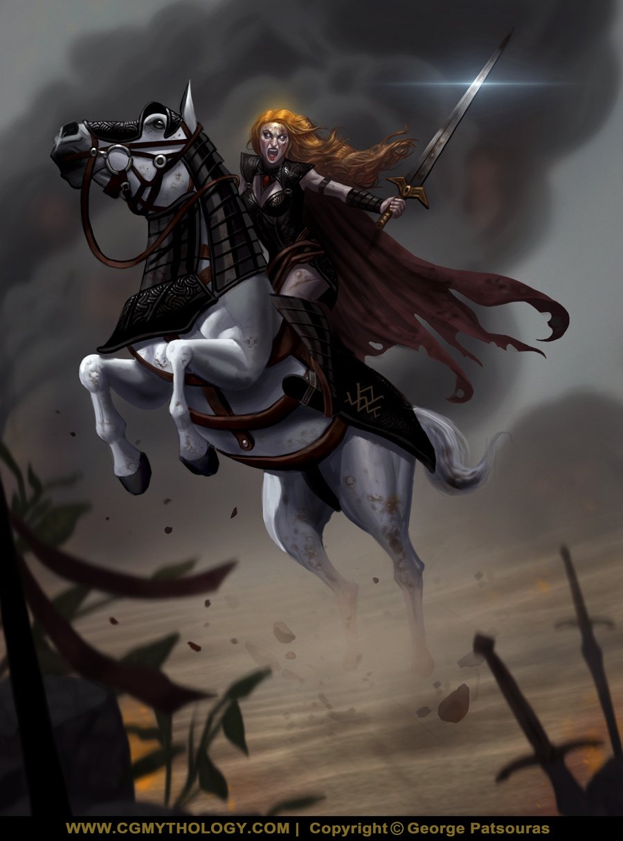 A warrior queen with long, flowing red hair rides a white horse in a dark and stormy battlefield. She wields a long sword raised above her head, wearing black armor and a dark red cape.